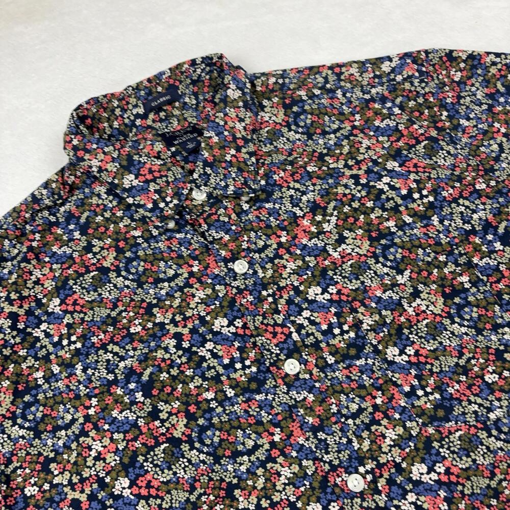 J.CREW FLex Button Shirt Men L Blue Floral Short Sleeve Stretch Cotton Classic